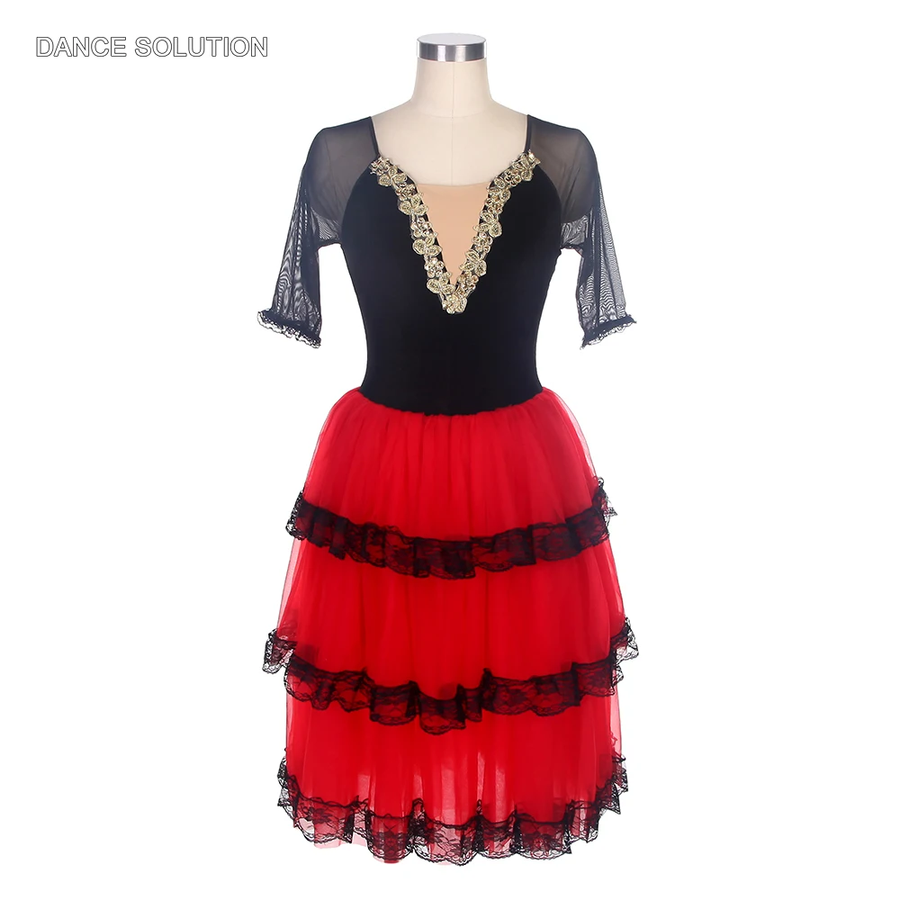 

Girls and Women Professional Ballet Dance Clothes Black Velvet Bodice with Layers of Red Romantic Tutu Skirt Dancewears 19505
