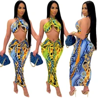 ladies sexy two piece summer womens clothing hollow halter tube top printed mesh strap short skirt suit womens nightclub