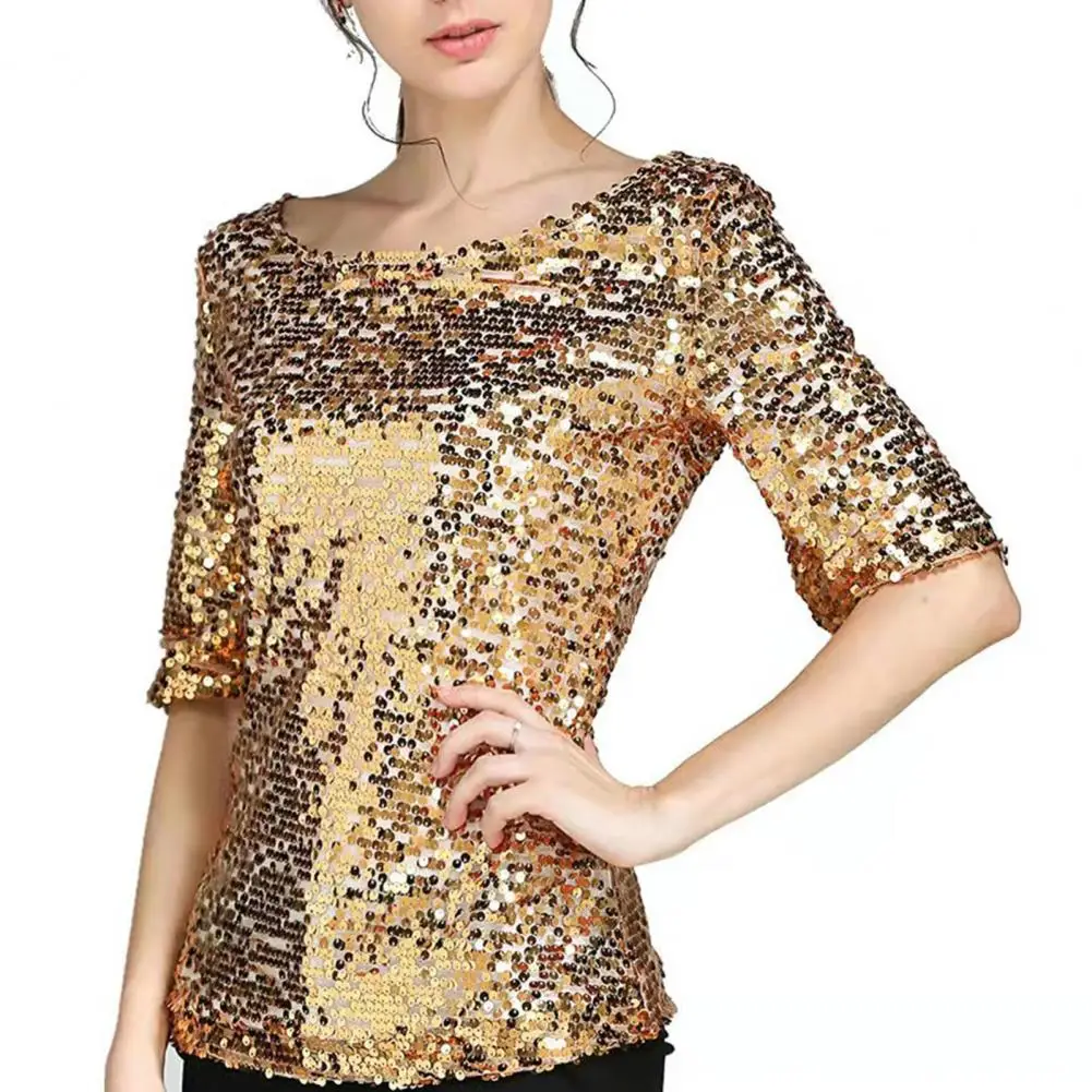 

Women Sequin Top Stylish Sparkling Half Sleeve T-shirt For Stage Performances