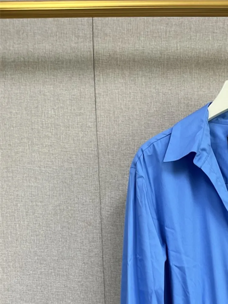

Женское Плиссированное Платье-рубашка, голубое однобортное мини-платье с длинным рукавом, отложным воротником и высокой талией, лето 2023
