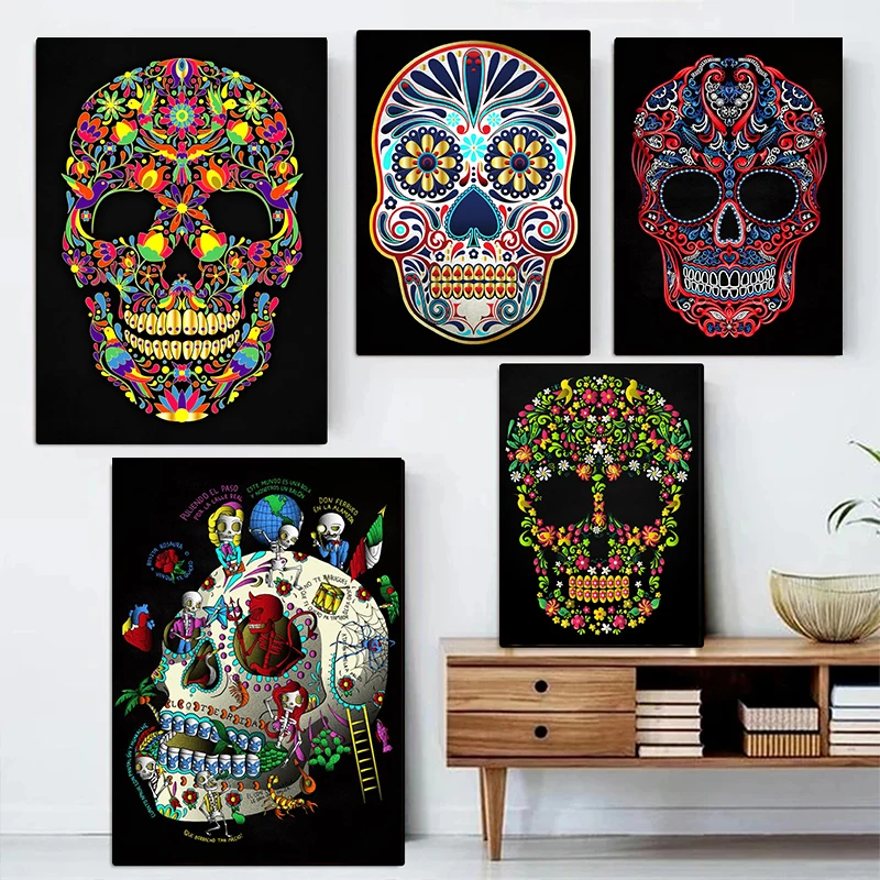 Мексиканский абстрактный красочный постер с головой черепа холст картина День