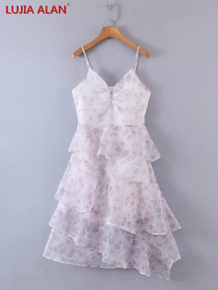 

Women Flower Printing Elegant Organza Tiered Ruffle Sling Dress Summer Female Midi Vestidos LUJIA ALAN D9800