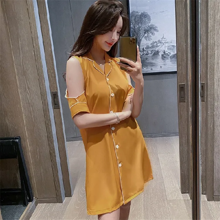 

Yellow Sexy Strapless Sleepshirts Summer New Cardigan Rayon Nightdress Thin Nightgown M-XXL Casual Short Lady Underwear Homewear