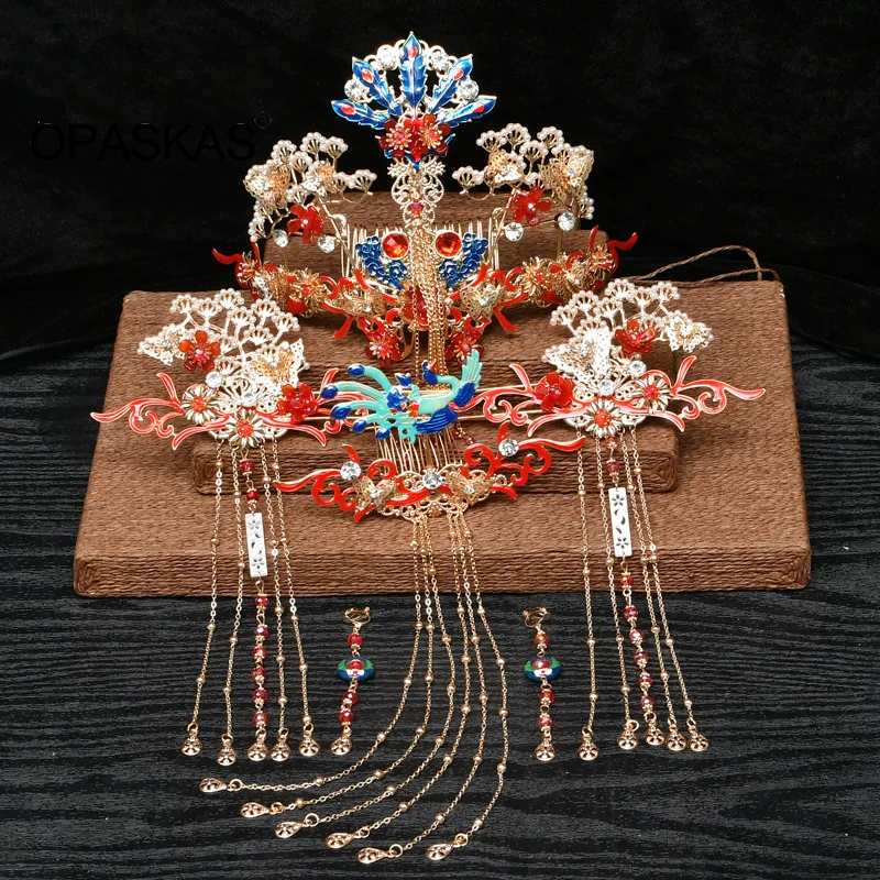 

Wedding Hair Accessoires Chinese Hanfu Hairpins Vintage Red Tassel Pearl Tiaras Earrings Diadem Bridal Prom Jewelry For Women