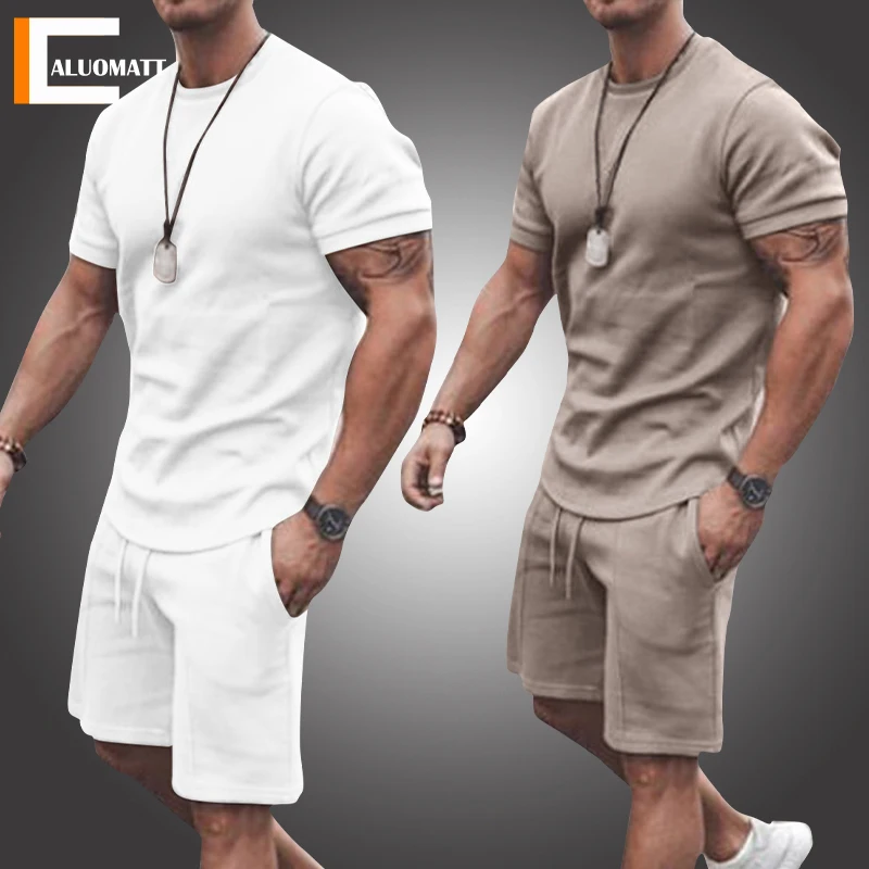 

Men's Sports Suit Summer Breathable T-shirt 2 piece Set Men Solid Color Fitness Gyms Running Sportswear Male Tracksuit 2022 New
