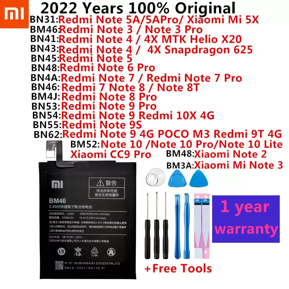 

100% Original Battery Redmi Hongmi MI Note 2 3 4 4X 5A 5X 6 7 8 8T 9 9S 9T 10 10X 4G CCP Pro Lite Phone batteries Bateria