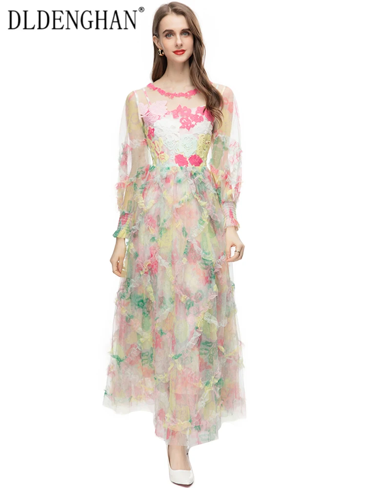 

DLDENGHAN модное раннее осеннее Сетчатое длинное женское платье с круглым вырезом рукавами-фонариками цветочной вышивкой оборками винтажные Макси-платья