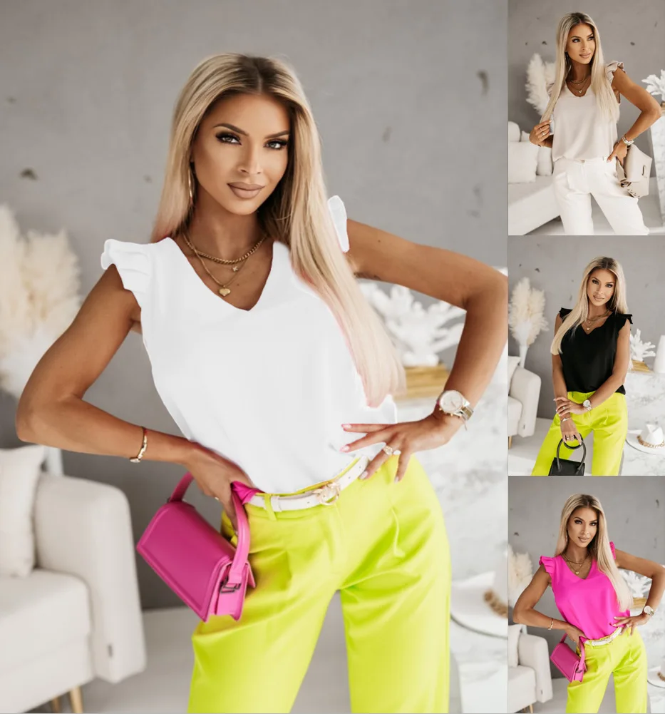 

2023 Summer Women's Shirt Simple V-Neck Ruffled Short Sleeve Shirt Casual T-Shirt Solid Basic Top
