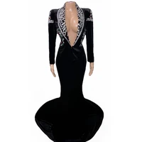 black sexy deep v neck swan velvet crystal rhinestones women long dress wedding evening banquet party clothing stage costumes