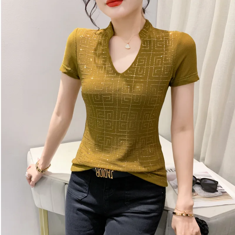 

#7352 Summer Black White Beige Skinny T Shirt Plaid Diamonds V-neck Vintage Office T-shirt Female Short Sleeve Streetwear Tshirt