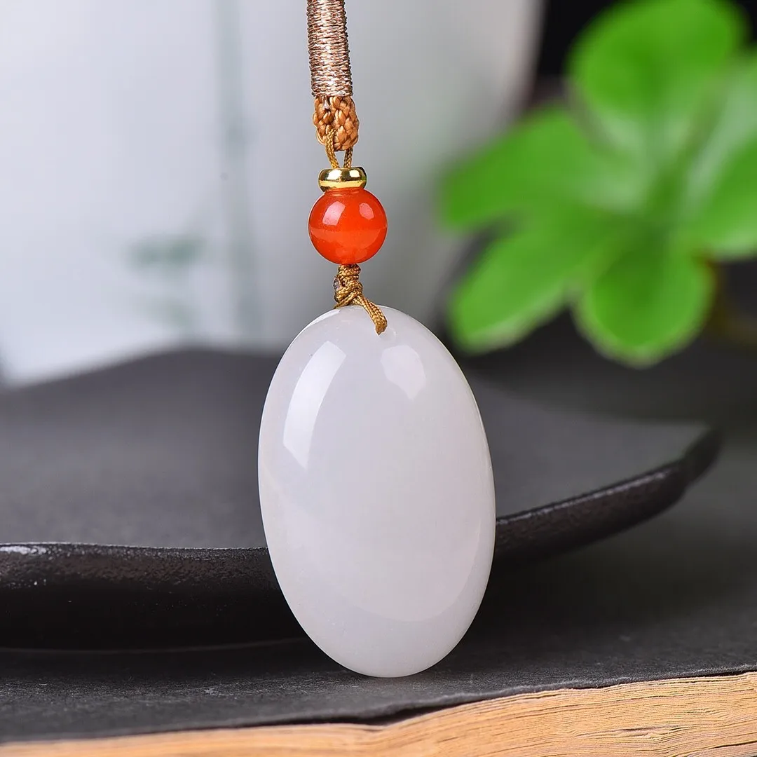 

Овальный Кулон из натурального белого нефрита с веревочной цепочкой, ожерелье с подвесками для мужчин и женщин, Изящные Ювелирные изделия, китайские счастливые амулеты