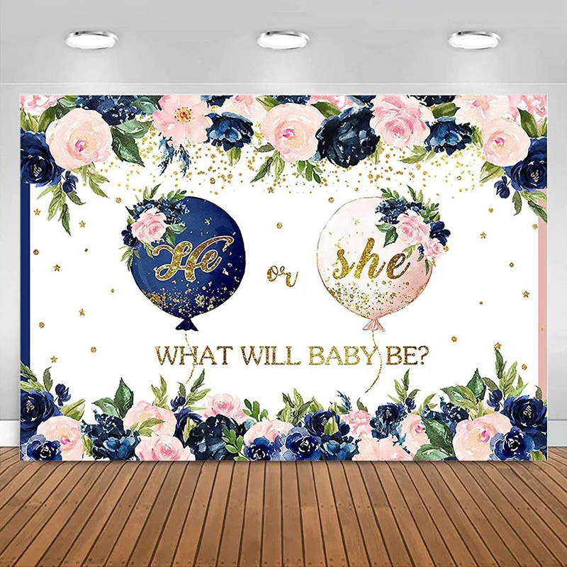 

Gender Reveal Backdrop He or She Navy Blue Blush Pink Floral Baby Photography Background Boy or Girl Party Decoration Banner