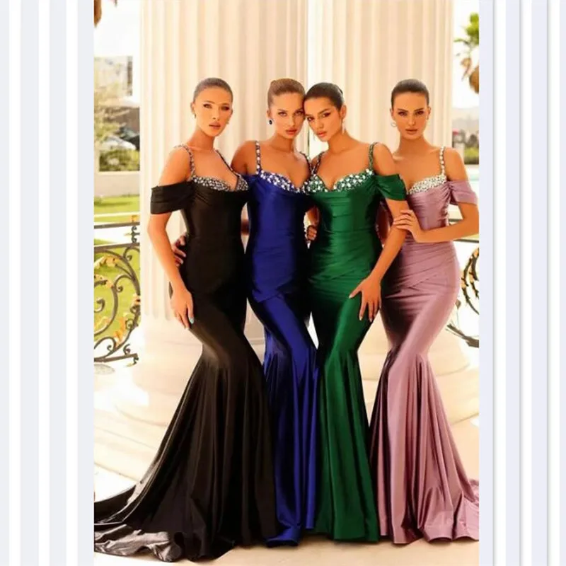 

Elegant Mermaid Evening Dressse For Women 2023 Pleats Luxury Beaded Crystals Spaghetti Straps Formal Prom Wedding Party Gowns