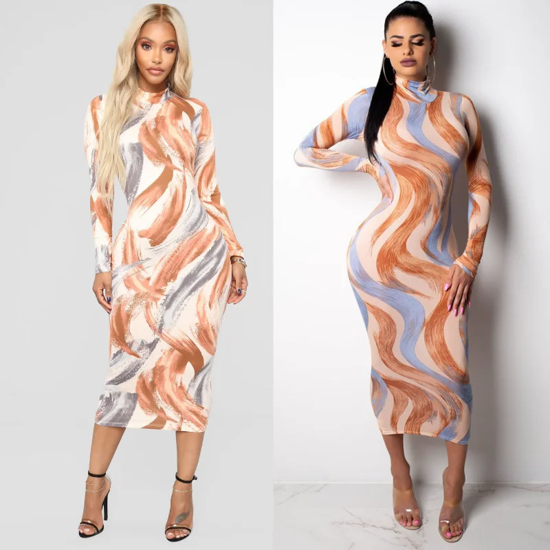 

WUHE Tie Dye Wave Long Sleeve Turtleneck Midi Maxi Long Dress Autumn Winter Fashion Party Evening Bodycon Women Dresses
