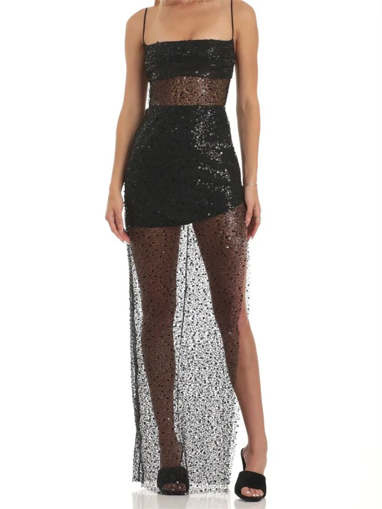 

CHRONSTYLE Spaghetti Strap Long Dress for Women Sexy Sequined Sparkle Mesh See Through Split Dress Party Cocktail Vestidos 2023