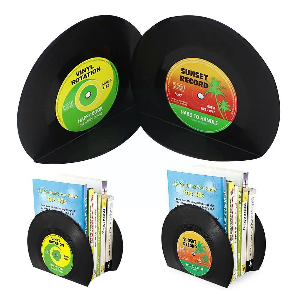 Retro Vinyl Bookends Black Record Book Ends Classic CD Vintage Decorative Bookend For Shelves Nonskid Bookend Desktop Decor B9A0
