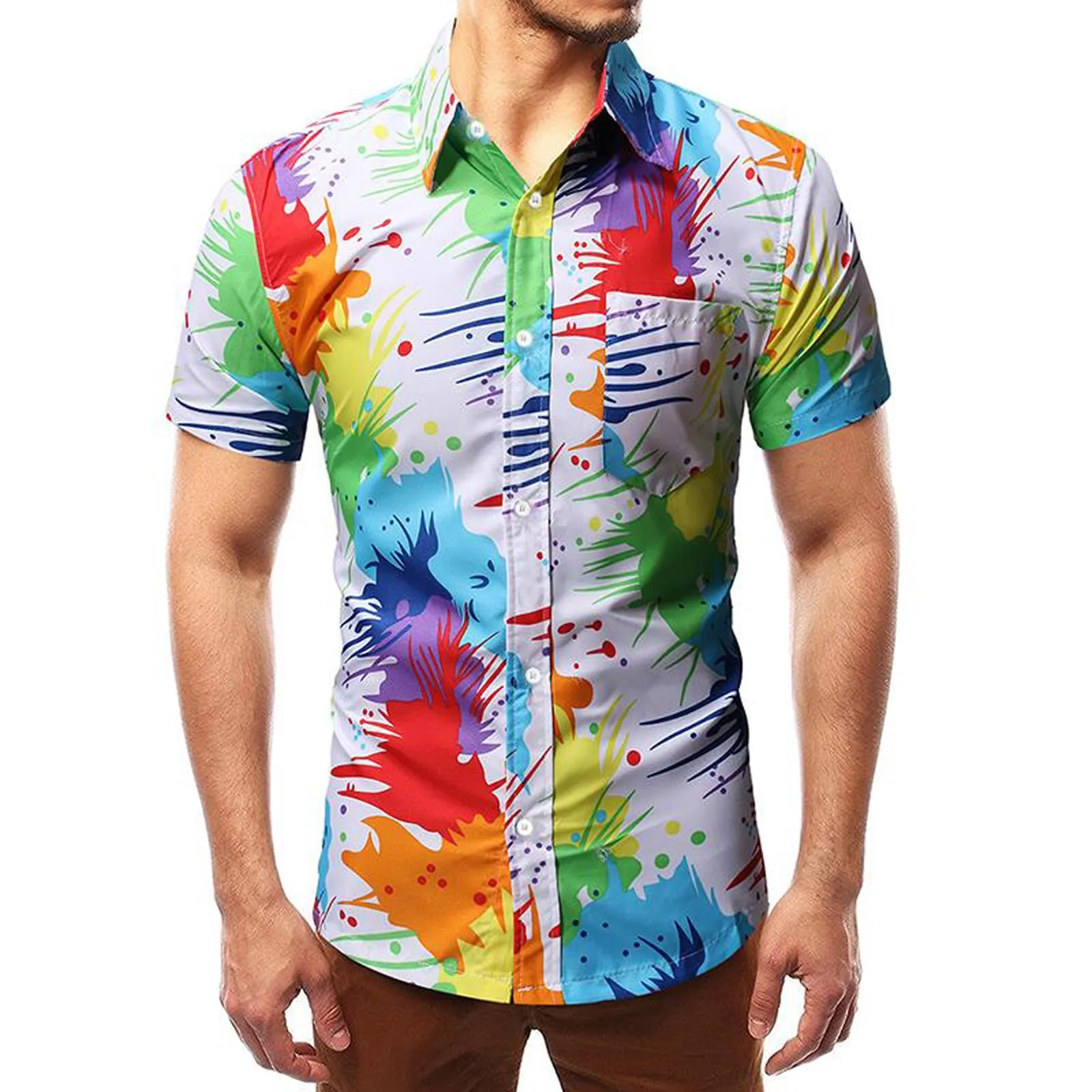 

Mens Summer Top ink splash shirt Men's beach summer single-breasted fashion casual lapel Men 70s Style Shirts Men Collar 4