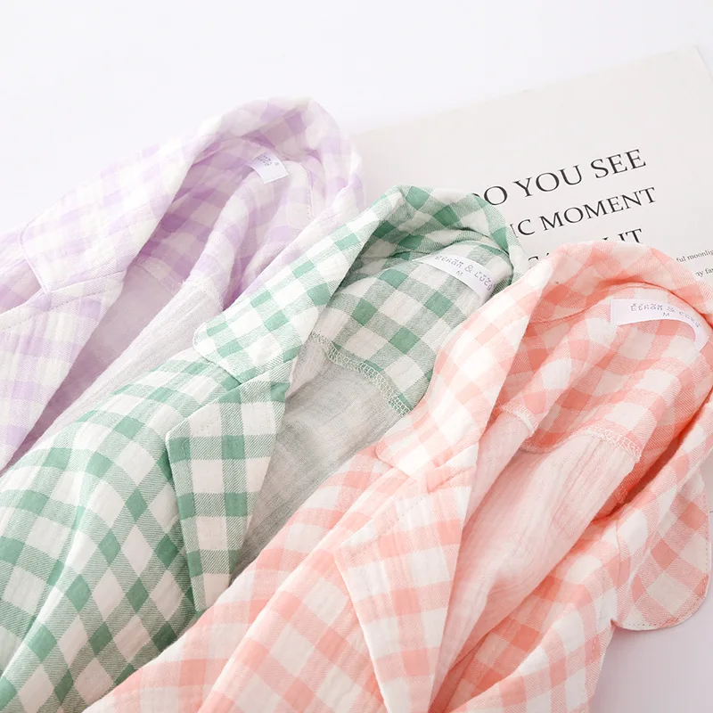 Cotton Crepe Gauze Night Dress Women Button Plus Long Nightgowns Turn-down Collar Home Skirt Pockets Thin Plaid Loose Sleepwear