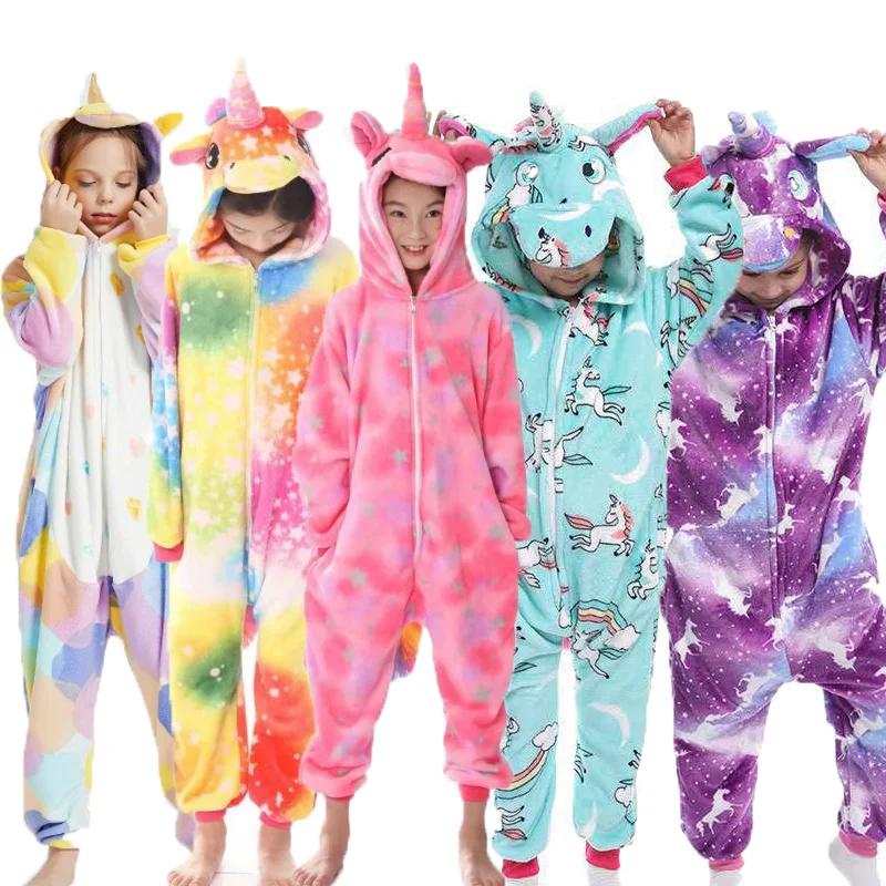 

Boys and Girls Winter Flannel Warm Jumpsuit Unicorn Kigurumi Cartoon Animal One-piece Pajamas Ankle-length Loungewear Nightgown