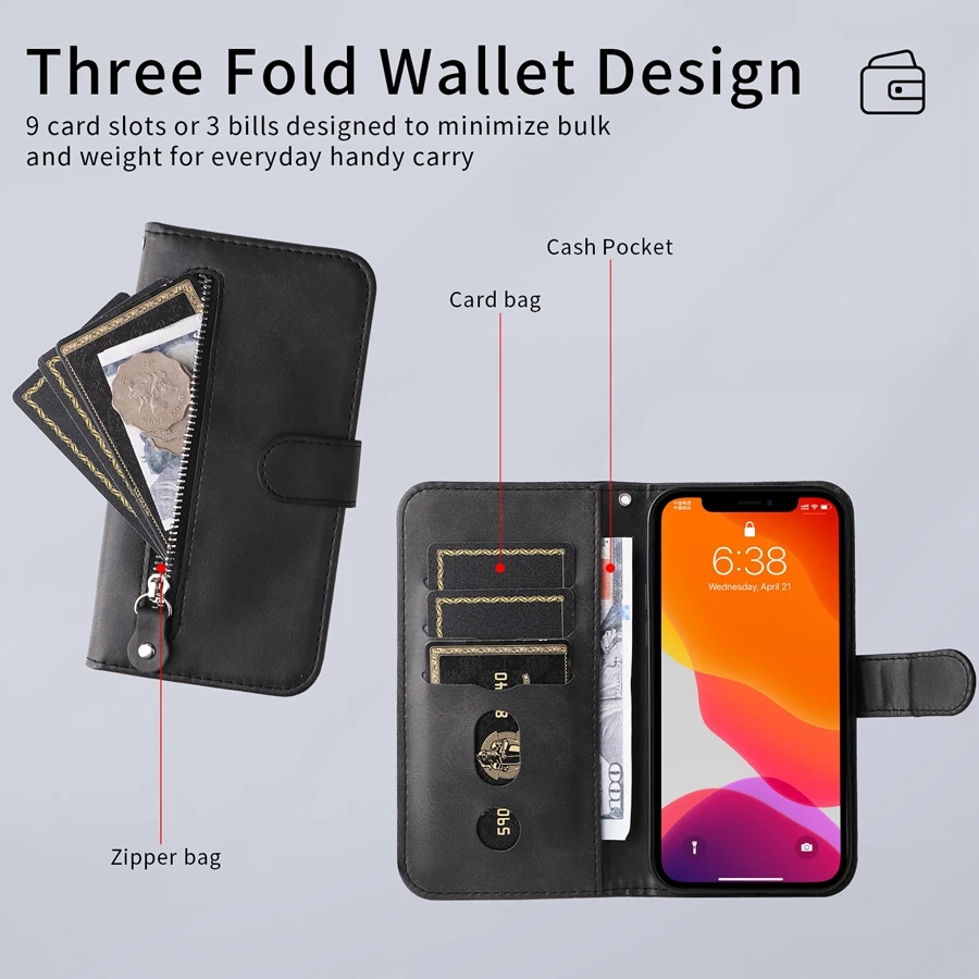 Wallet Luxury Artificial Cowh Stand Zipper Case For iPhone 14 Pro Max 13 Pro Max 12 Pro Max 11 Pro Max XS Max X XR 8 7 6 6S Plus