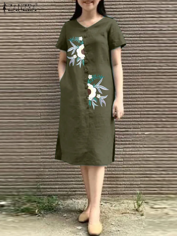 

Платье ZANZEA женское хлопковое с цветочной вышивкой, винтажный Повседневный Сарафан средней длины в богемном стиле, с V-образным вырезом и коротким рукавом, на лето