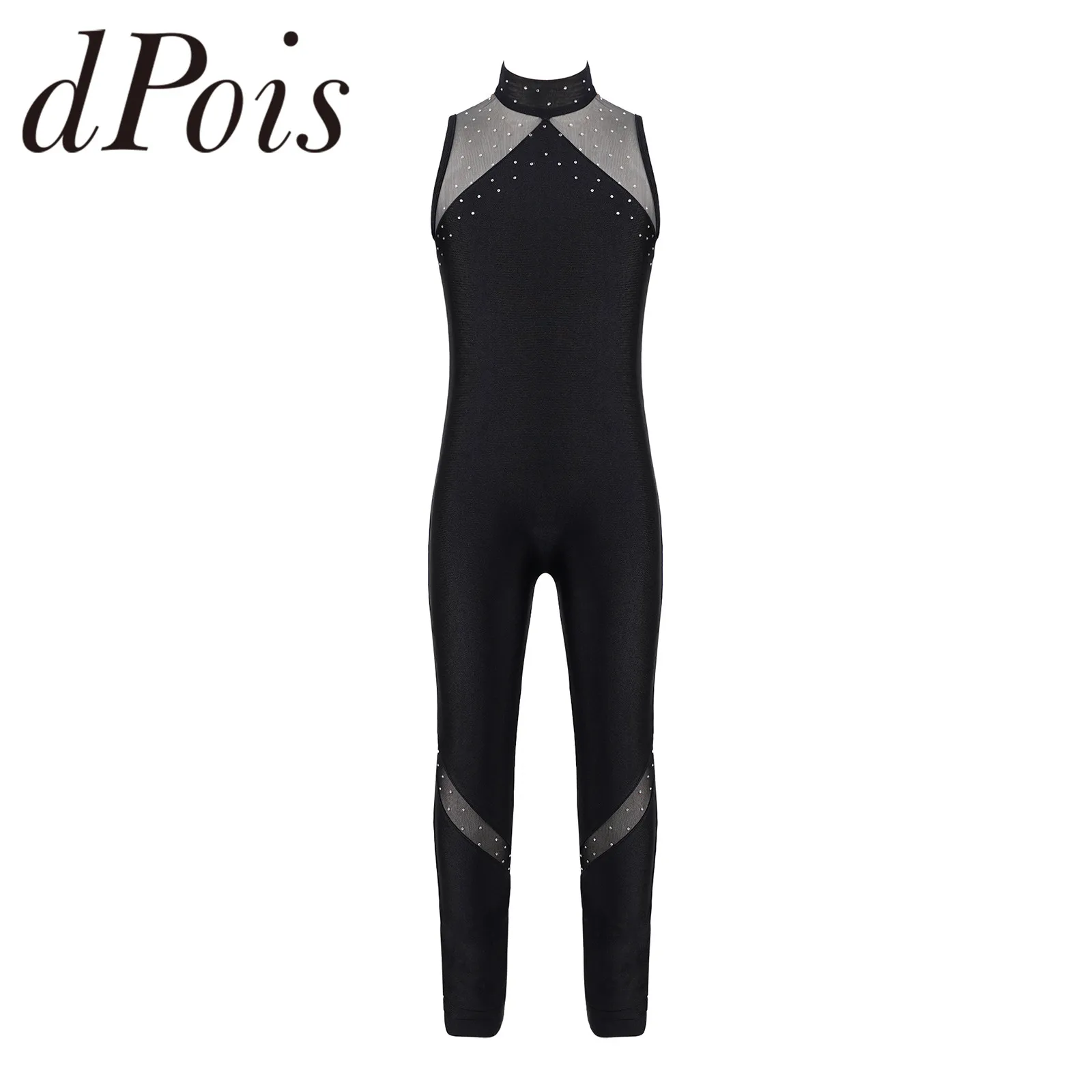 

Black Kids Girls Sleeveless Open Back Mesh Splice Gymnastics Leotards Long Pants Skating Bodysuit Dancing Costume Ballet Clothes