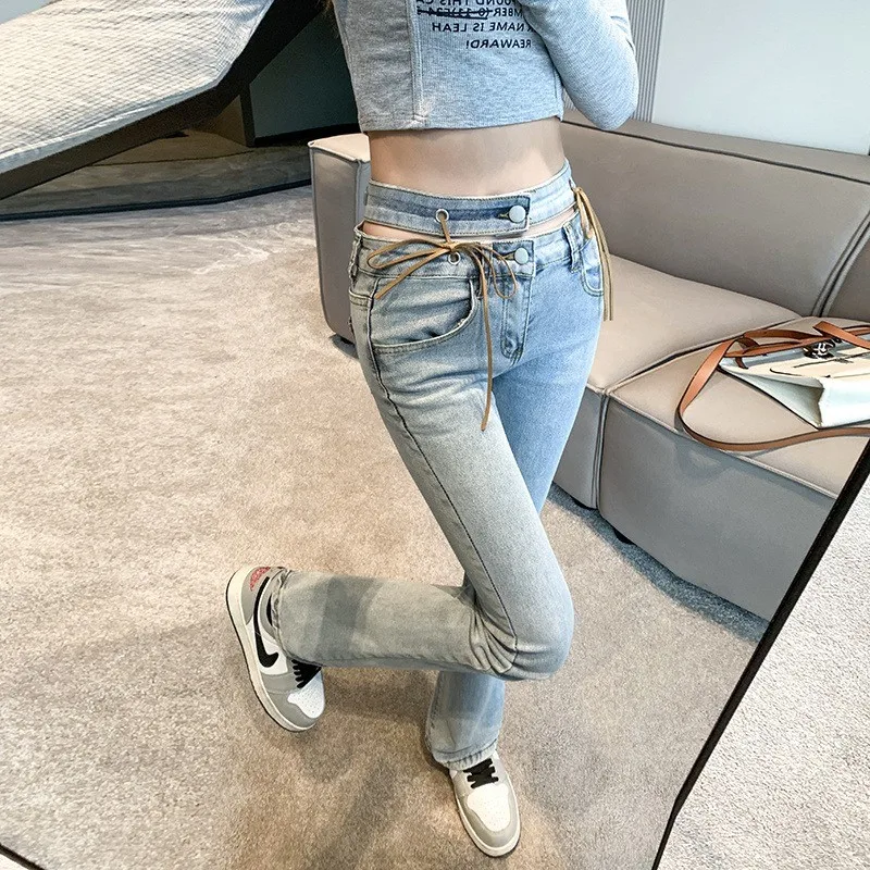 

Double Waist Light Color Micro Flare Jeans Women High Waist Thin Section