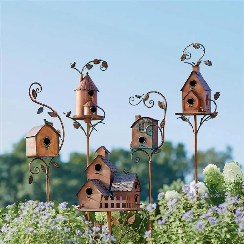 

Домик для птиц с полюсом, металлическая кормушка для птиц, художественные домики для сада, двора, патио, уличное садовое украшение
