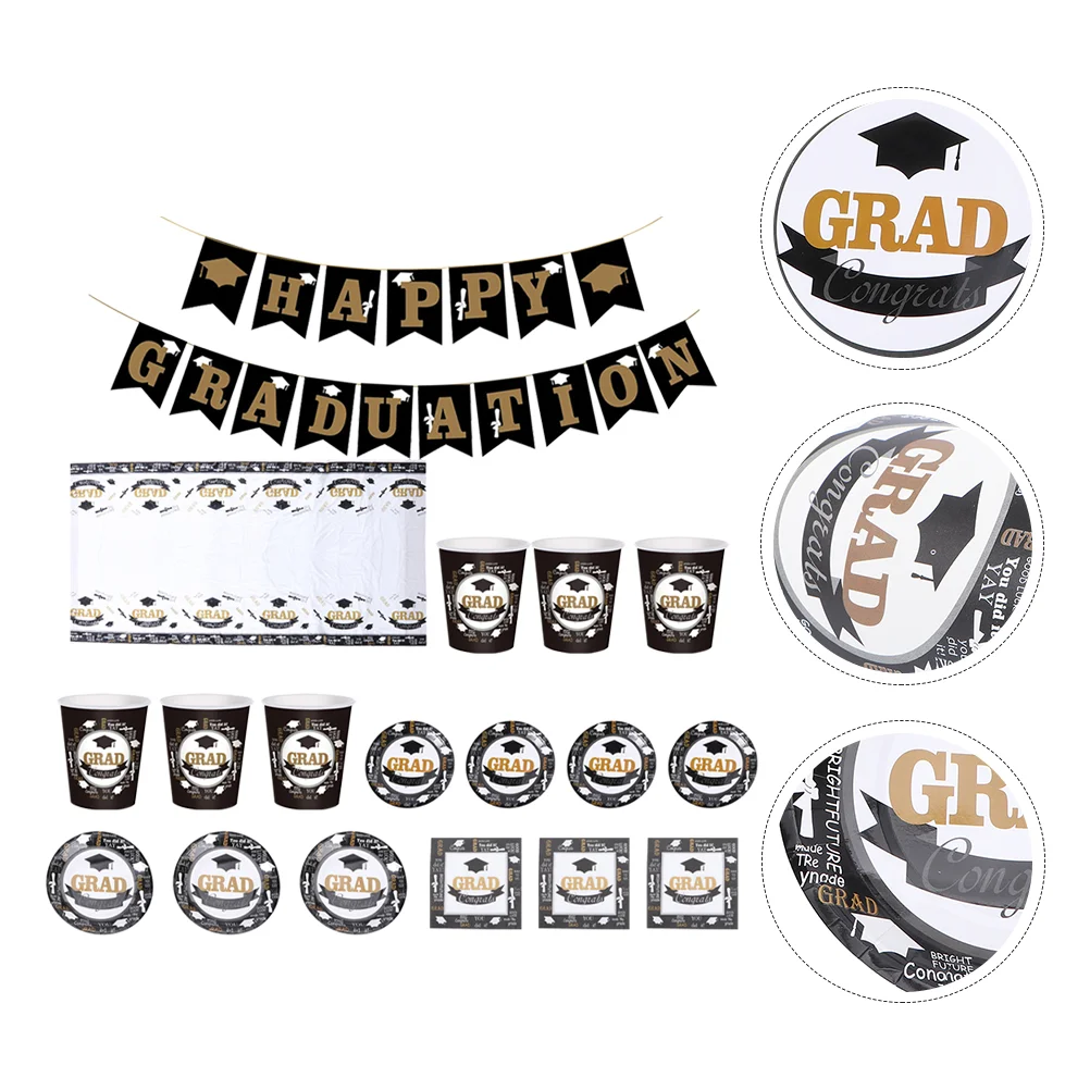 

1 Set Graduation Season Paper Plates Cups Set Party Supplies Tablecloth Banner