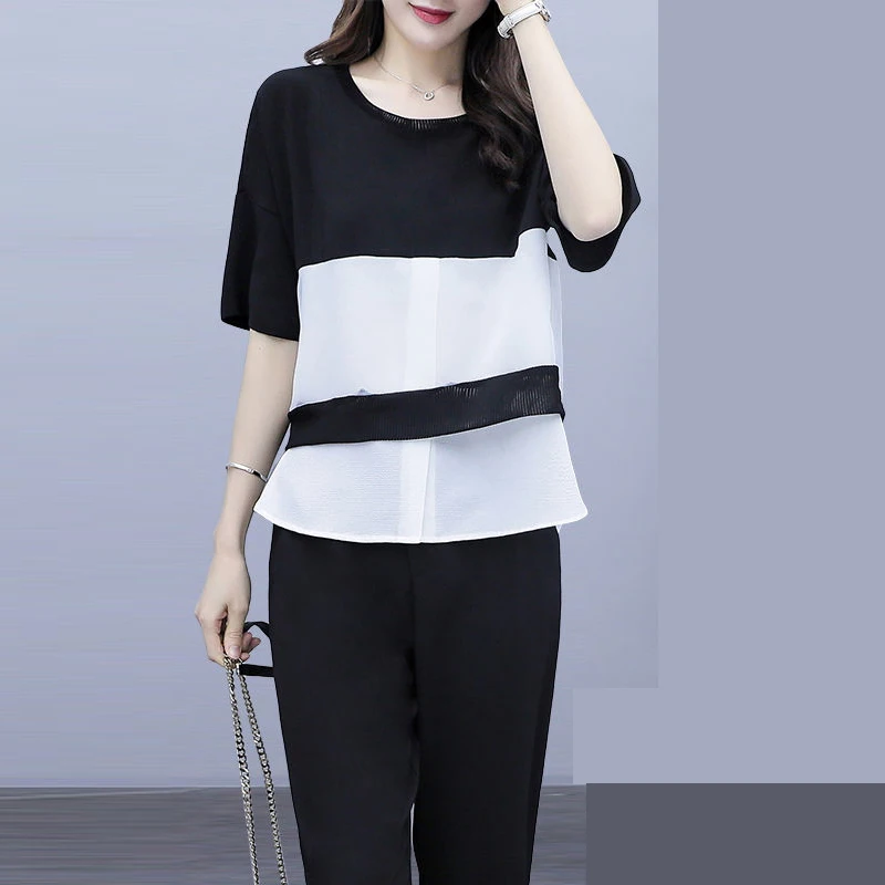 

2021 summer women's clothing large size loose two-piece fashion casual pencil pants slim suit women Cotton Solid