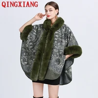 6 colors 2022 winter warm women hairy wool cardigan faux fox fur collar cape printed poncho overcoat with batwing sleeves hat