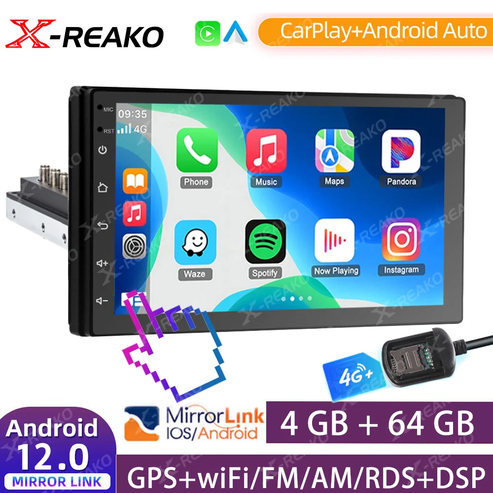 

X-REAKO 1 Din Carplay Car Radio RDS/AM Receiver Bluetooth Autoradio 7 Inch FM Touch Screen 1din USB 4+64G 8CORE 4G WIFI DSP GPS