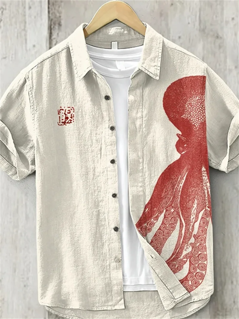 Мужская рубашка из льняной смеси с принтом морских и наземных животных