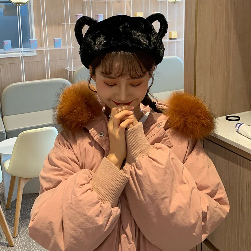 

New Cute Plush Soft Berets Warm Winter Solid Color Painter Hat Female Rabbit Ears Versatile Fashion Pumpkin Cap Women Retro Art
