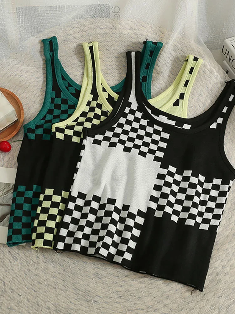 

HELIAR Women Patchwork Plaid Tank Tops For Women Cute Crop Tops Spaghetti Tanks Designed Summer Tops For Women
