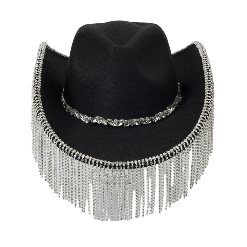 

Crystal Cowboy Hat Tassels Knight Hat Versatile for Street DropShip