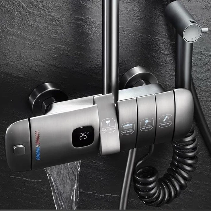 

Gun Grey Smart Digital Display No Battery 4 Way Rainfall Bathroom Piano Key Shower Set System Mixer With Thermostatic valve