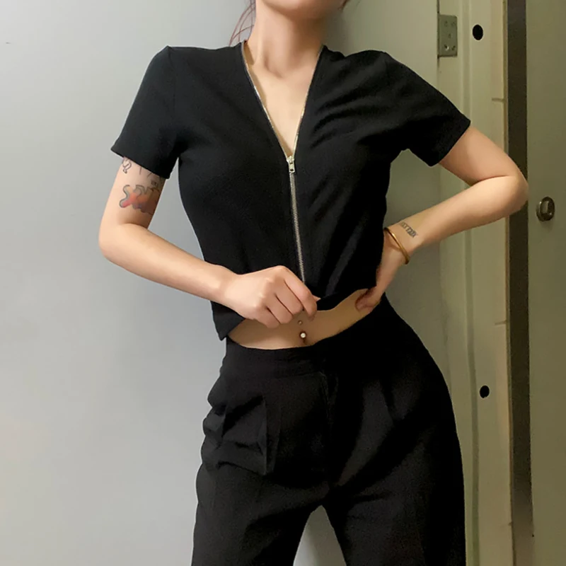 

2021 New Women Fashion Croped Tops Slim Fit Zipper Black T-shirt High Neck Streetwear Female Corset Tops Women Tee Solid Shirt