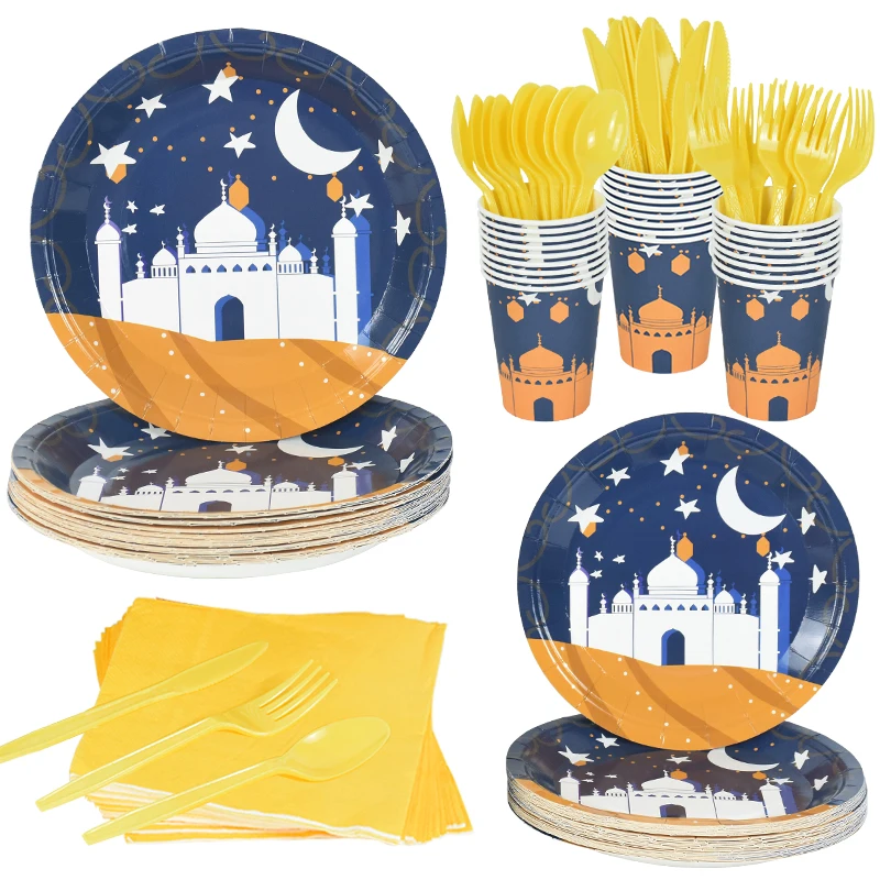 

EID Mubarak Tableware Ramadan Kareem Disposable Paper Plate Cup Napkin Islamic Muslim Eid Al Adha Party Home Decoration Supplies