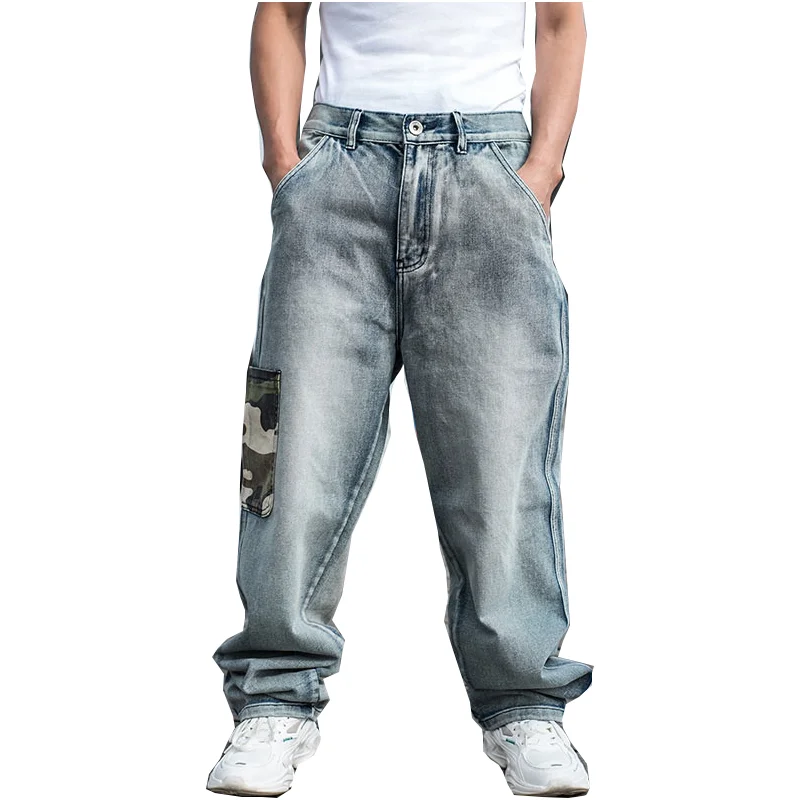 2022 Men's Loose Straight Camo Pocket Hip Hop Skateboard Wide Leg Jeans Light Blue Plus Size 46