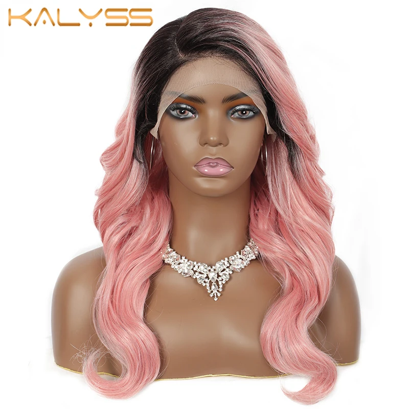 kalyss Synthetic Lace Front Wigs for Women Pink Blue Lace Front Wigs with Baby Hair Long Curly Wavy Side Part Heat Resistant