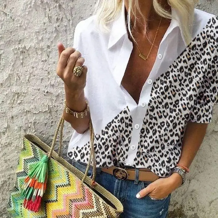 

2022 New Leopard print Patchwork shirt Women's fashion collar button shirt