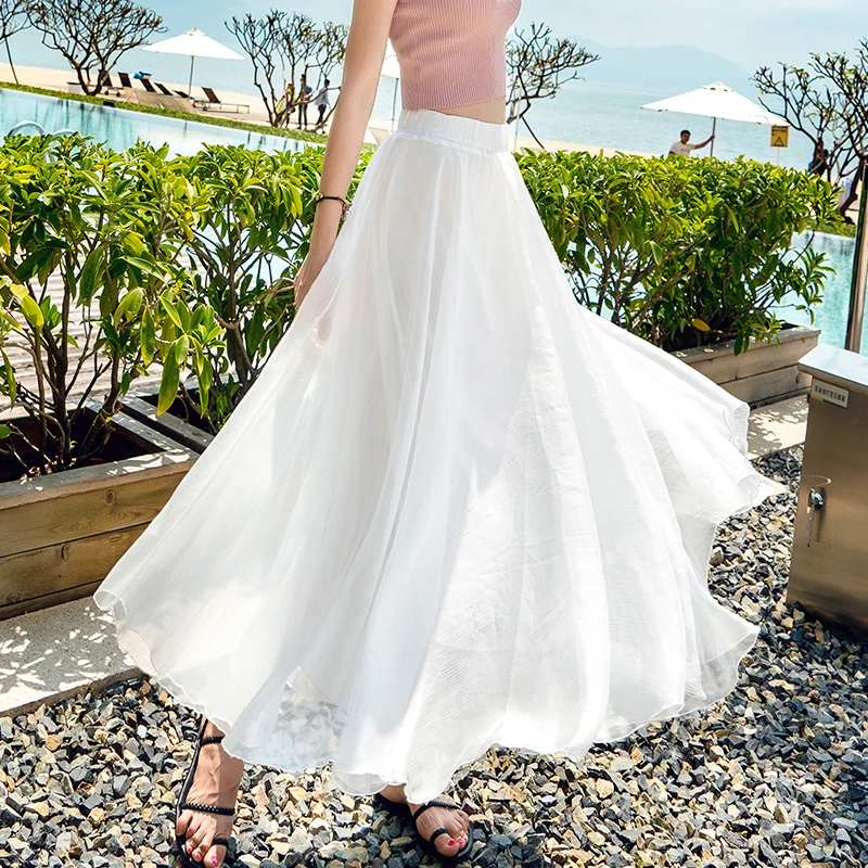 

Women 2022 Summer New Fashion Loose Chiffon Skirts Female High Waist A-line Skirts Ladies Solid Color Long Beach Skirts U145
