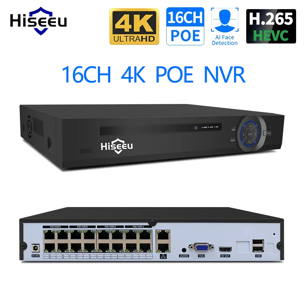 Hiseeu 4K 16CH POE NVR H.265 8MP 5MP 3MP распознавание лица видеорегистратор для домашней безопасности видеонаблюдения DVR для PoE IP камеры ONVIF