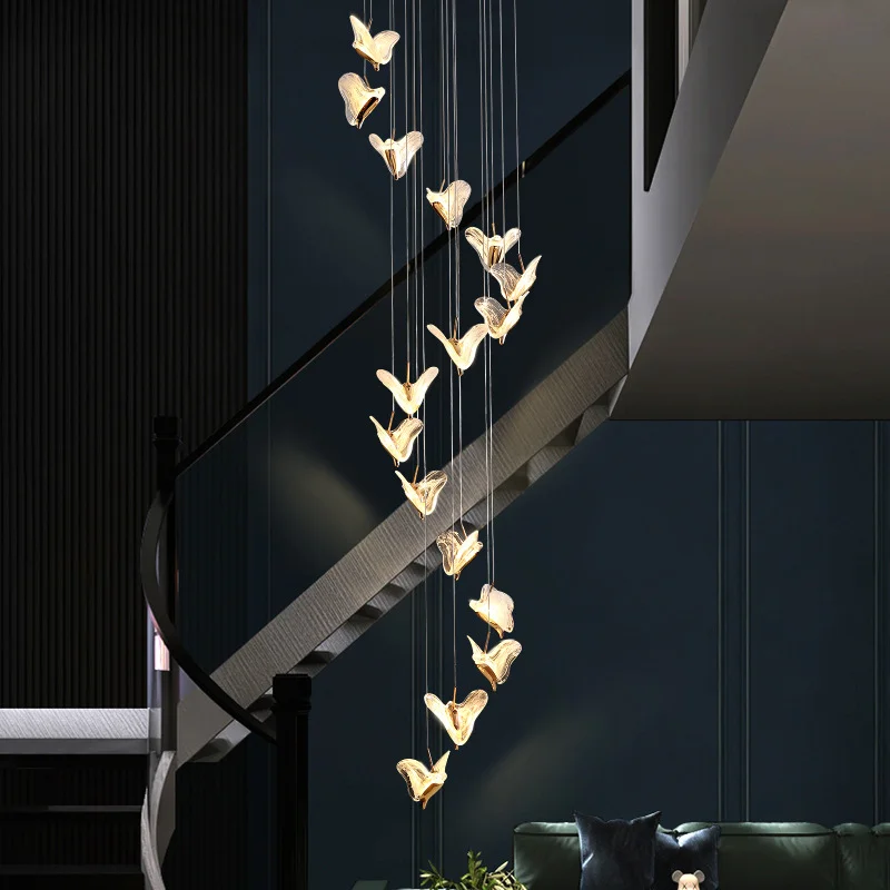 

Art Deco Staircase Led Chandelier Loft Living Room Indoor Lighting Fixture Kitchen Bedroom Dining Butterfly Crystal Hanging Lamp