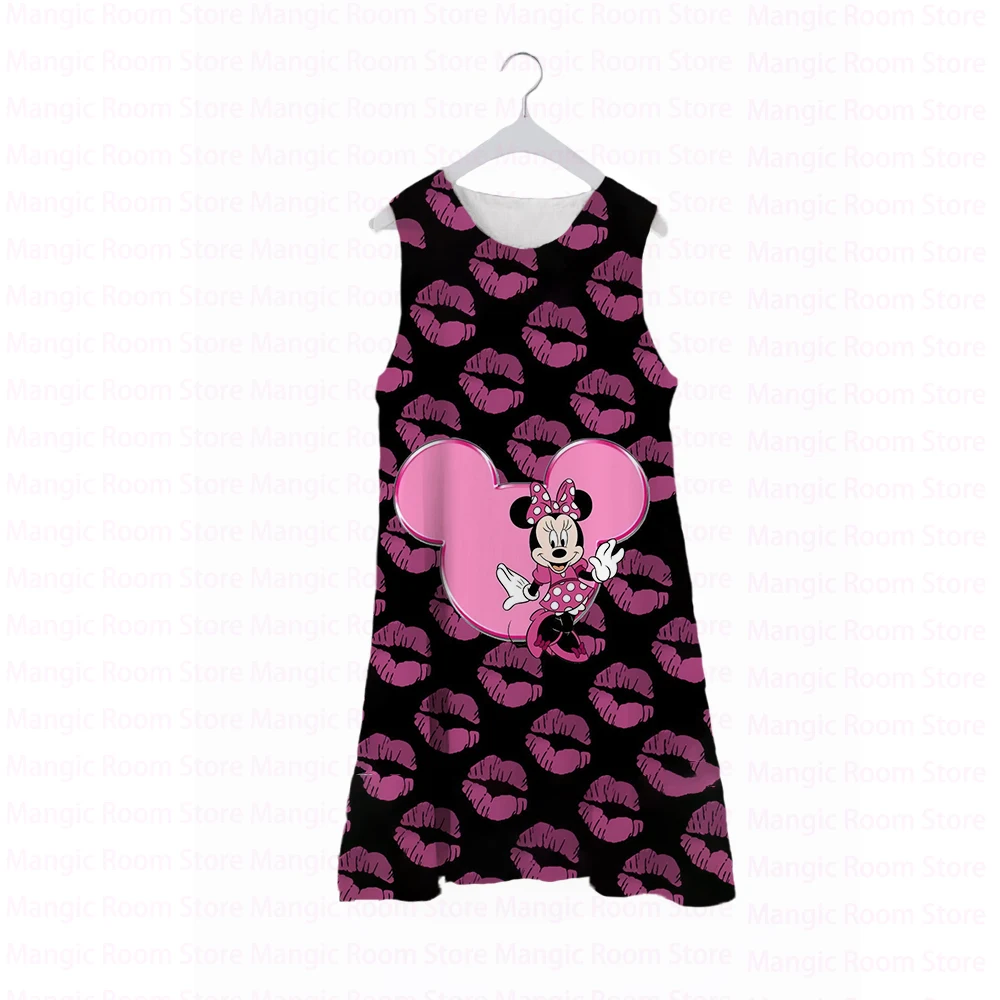 

New Disney Minnie Mouse Sleeveless Dress Girls Print Summer Casual Sleeveless Round Neck Cute Mini Dress