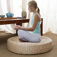 hot cushion natural straw round pouf tatami cushion weave handmade pillow floor japanese style cushion with silk home textile