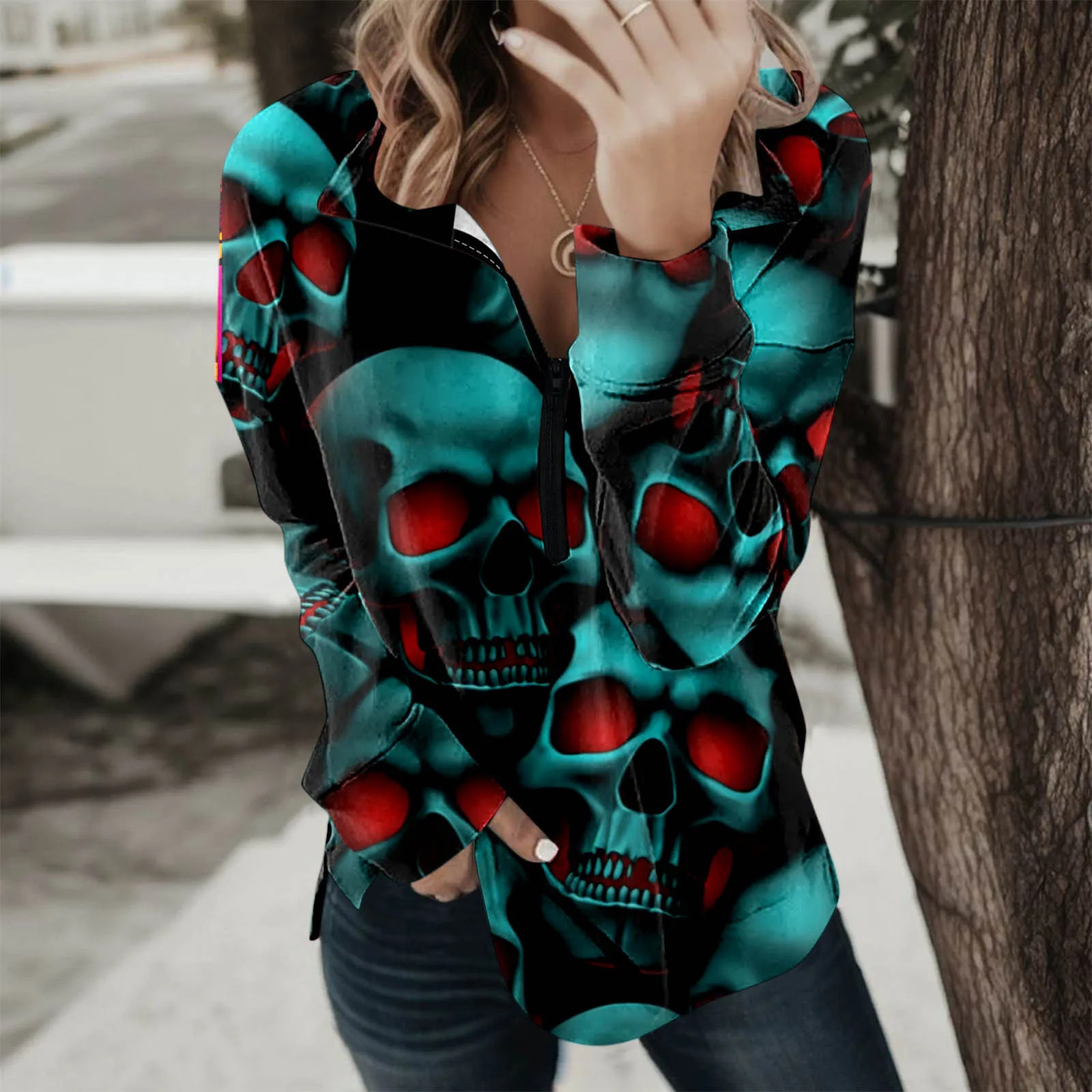 

Women Pullover Halloween Print Loose Fit Sweatshirt Zip Up Long Sleeve Clothes Casual Pullover Tops Light Outfits Women