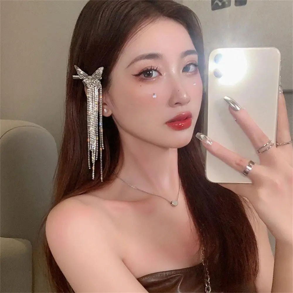 

Butterfly Long Tassel Side Clips Hairpin Elegant Rhinestone Fake Earrings Personality Niche Design Light Luxury Hair Accessories