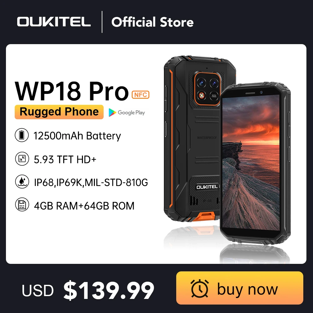 OUKITEL WP18 Pro Android 12 Cellphones MTK6762 4GB+64GB IP68 Rugged Phone 13MP Camera 5.93